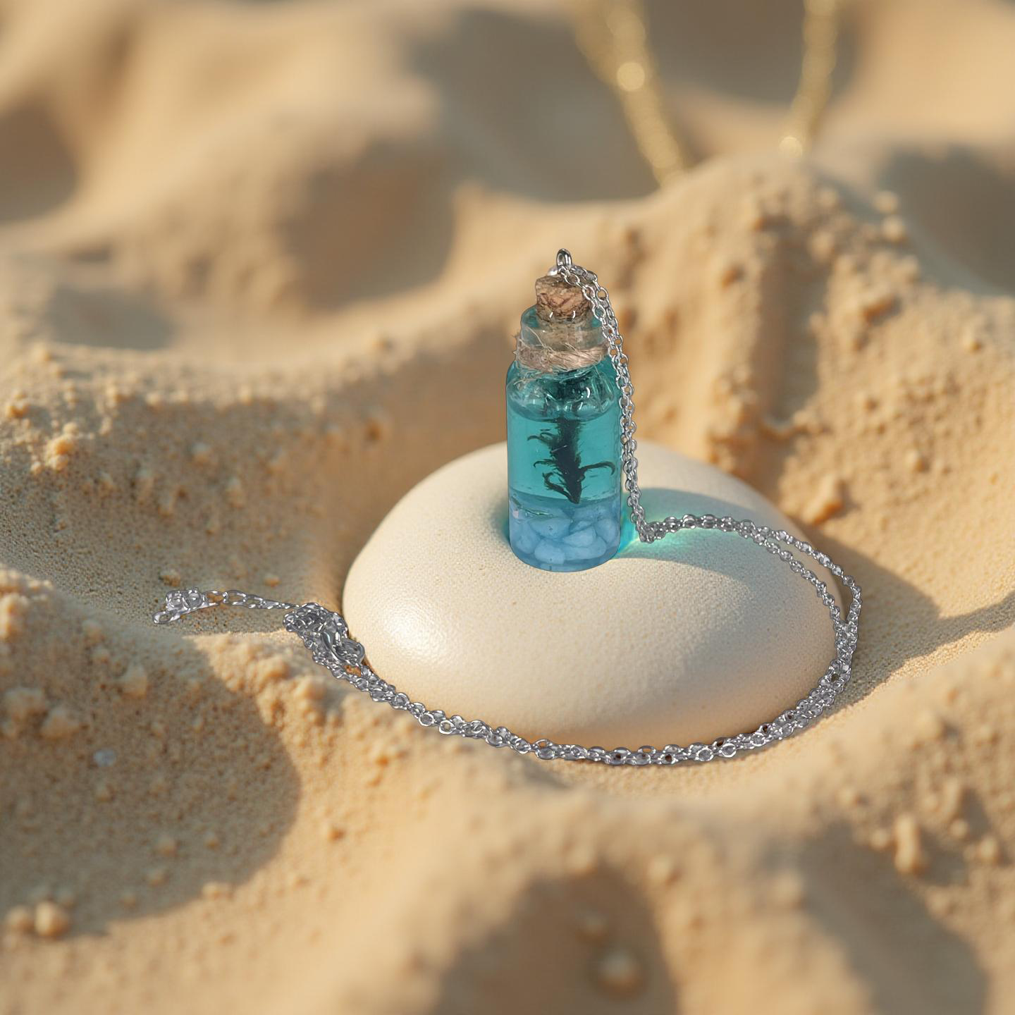 "Beach in a Bottle", Light Blue Rock, Seaweed Resin Necklace