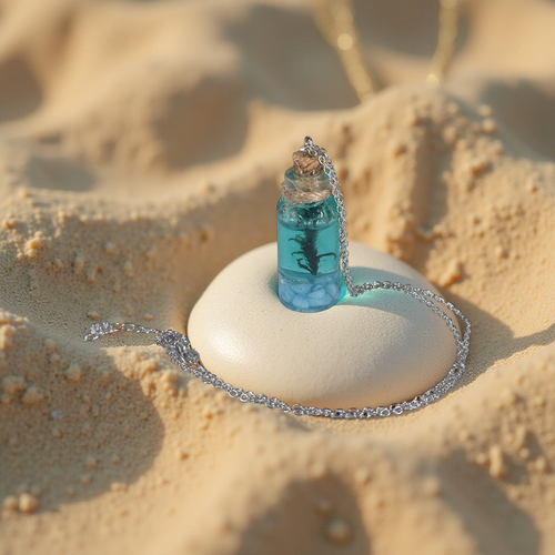 "Beach in a Bottle", Light Blue Rock, Seaweed Resin Necklace