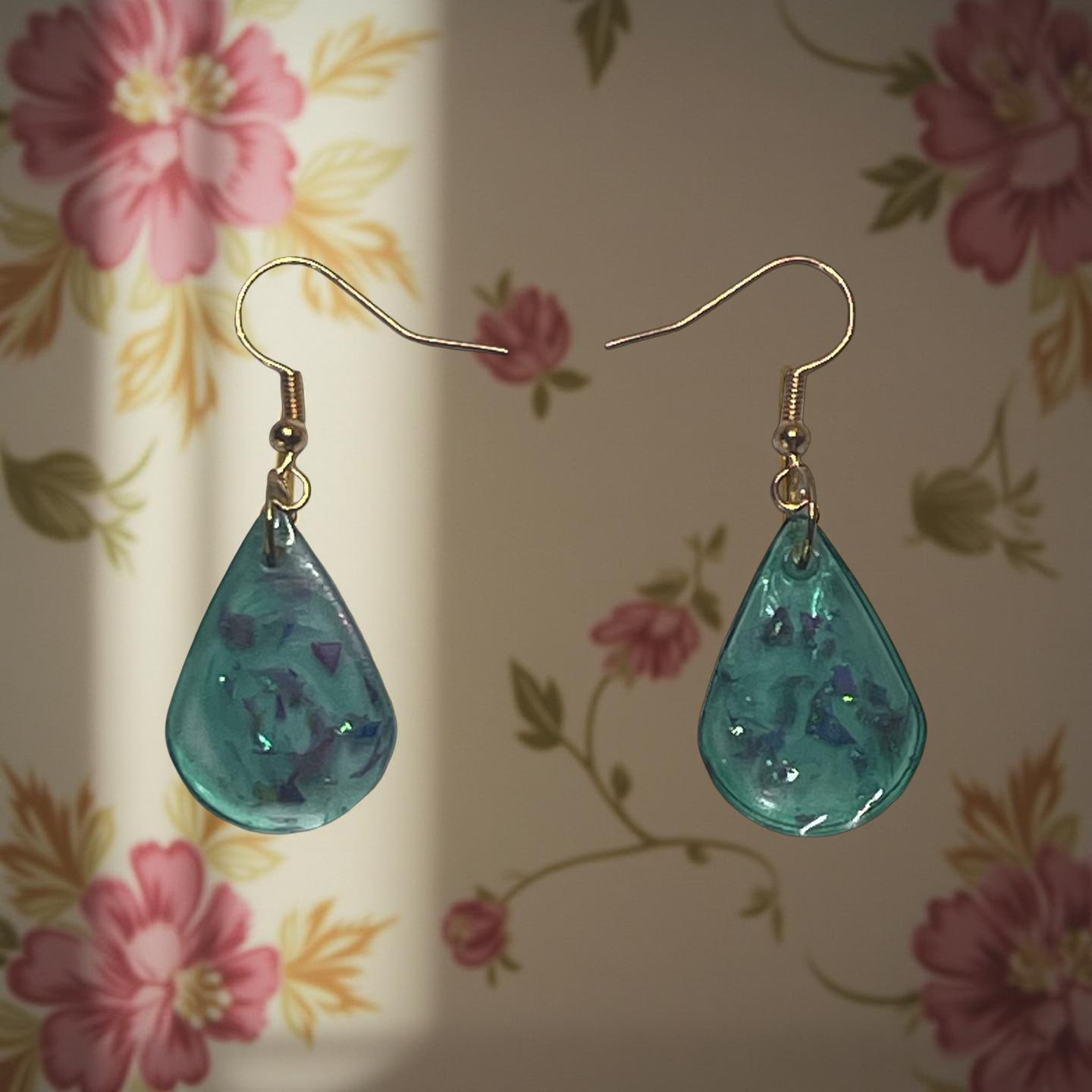 Purple Sparkle, Teal Teardrop Resin Earrings