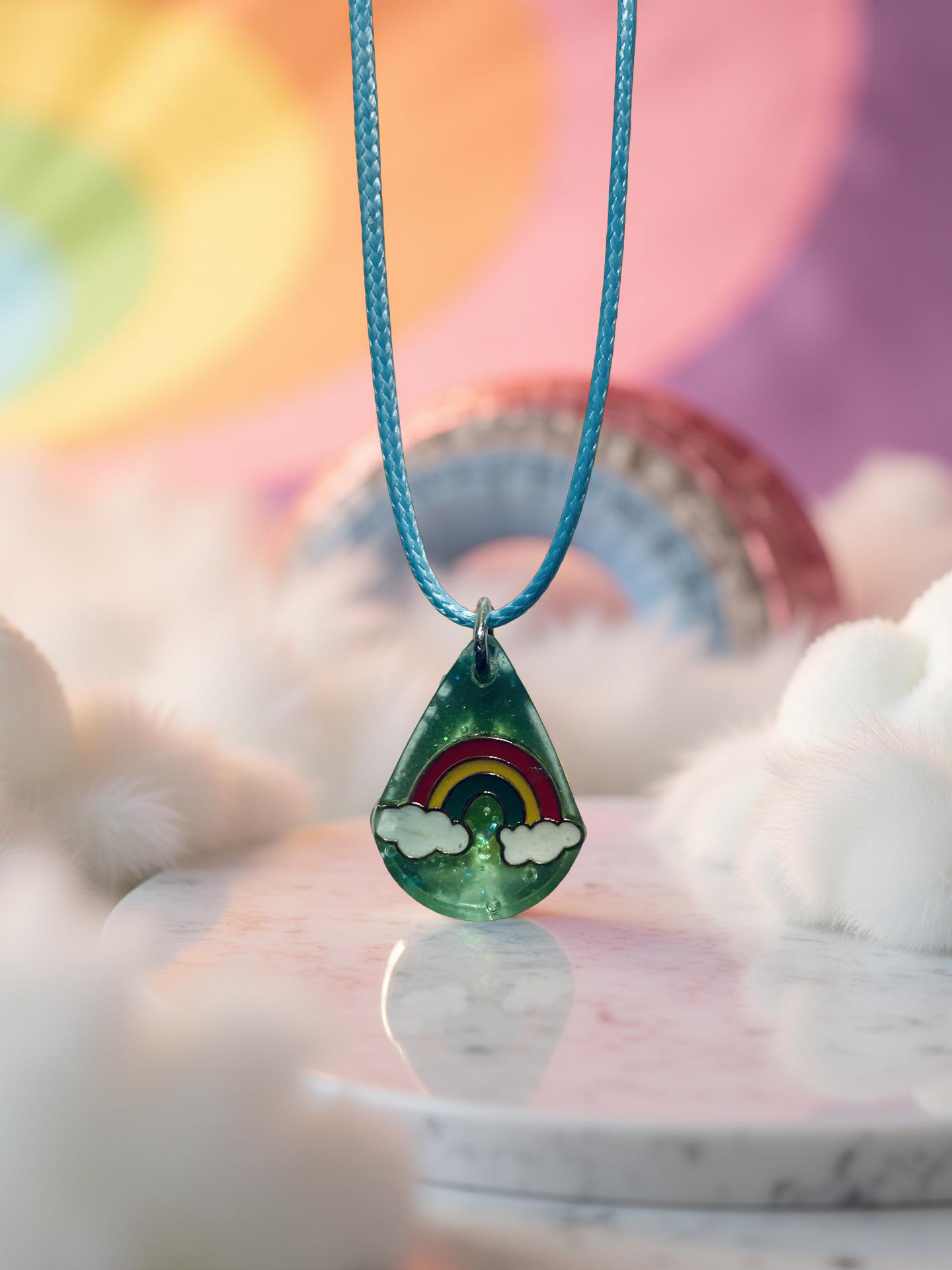 Rainbow, Sparkly Teal Teardrop Resin Necklace