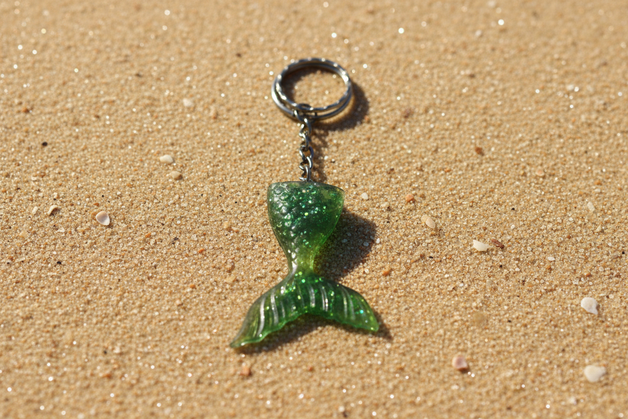 Green mermaid tail keychain on a sand background