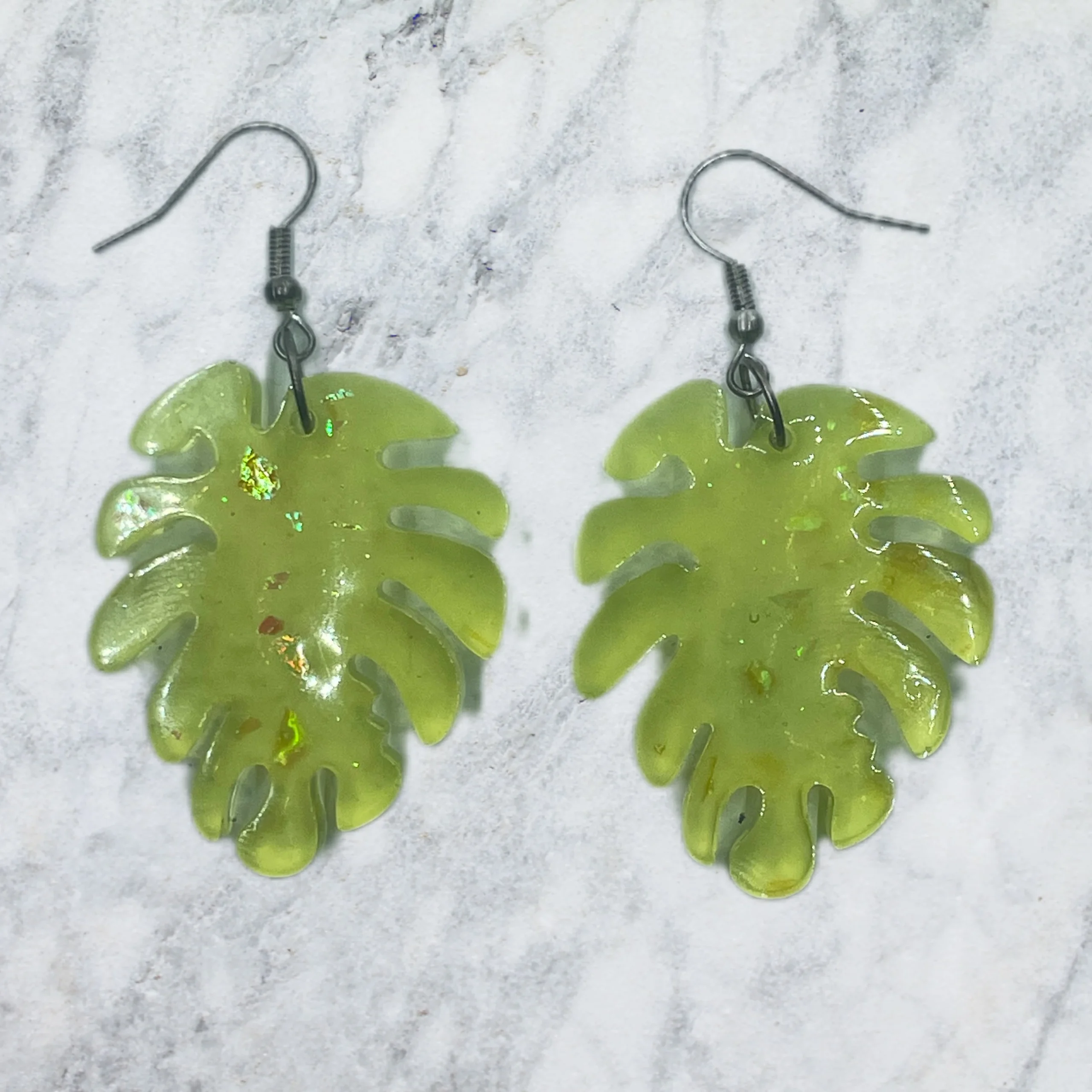 Sparkly Lime Yellow Leaf Resin Earrings