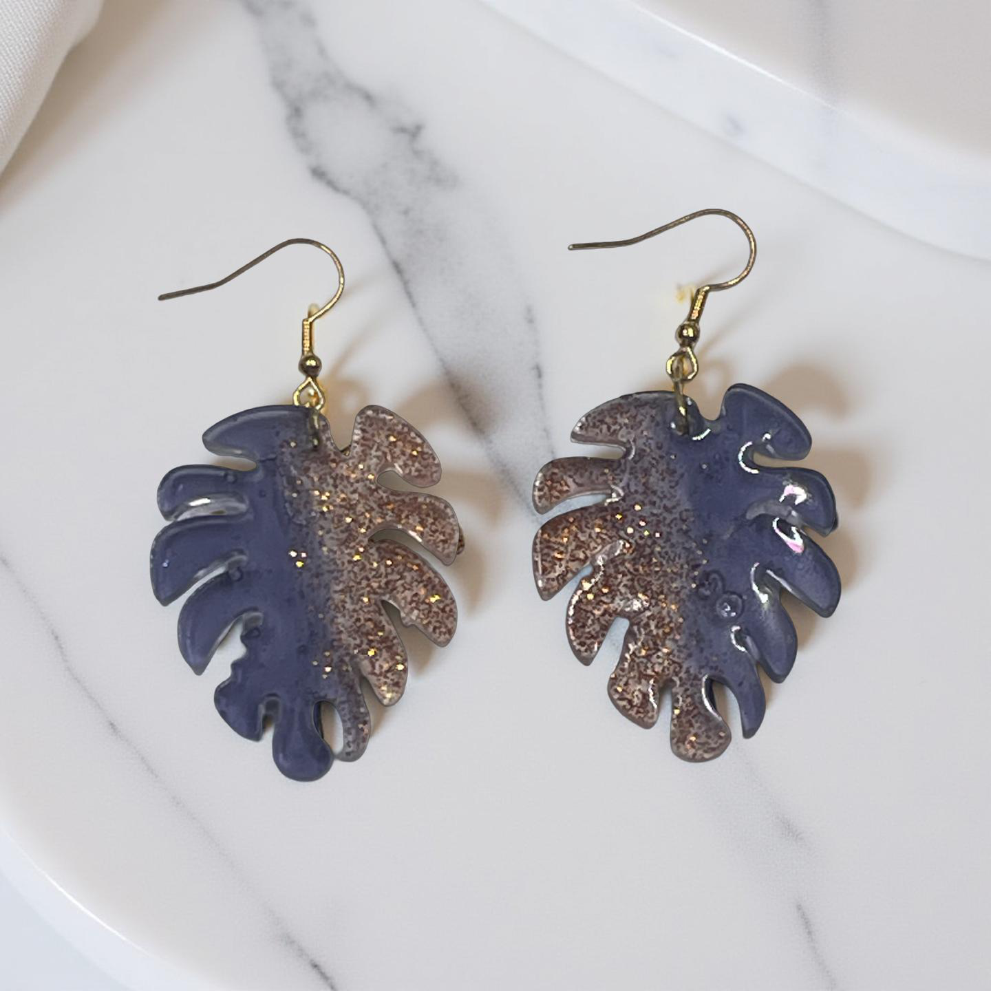 Transparent Navy Blue & Orange Sparkle, Two Tone, Leaf Resin Earrings